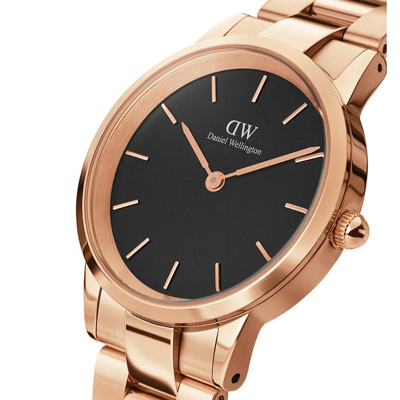 Daniel Wellington Iconic Link Analog Black Dial Rose Gold Steel Strap Watch For Women - DW00100214