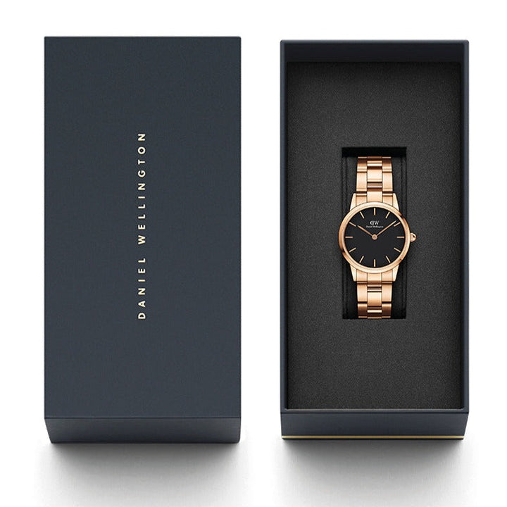 Daniel Wellington Iconic Link Analog Black Dial Rose Gold Steel Strap Watch For Women - DW00100214