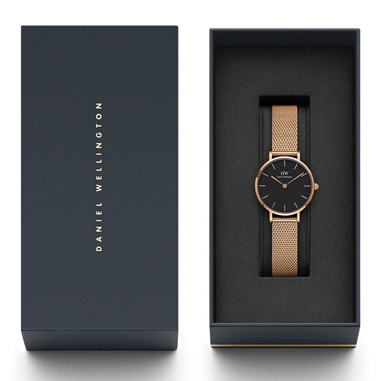 Daniel Wellington Classic Petite Melrose Black Dial Rose Gold Mesh Bracelet Watch For Women - DW00100217