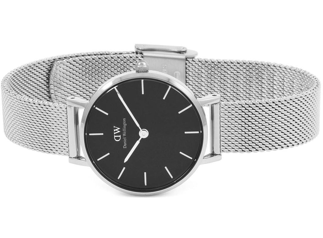 Daniel Wellington Petite Sterling Black Dial Silver Mesh Bracelet Watch For Women - DW00100218