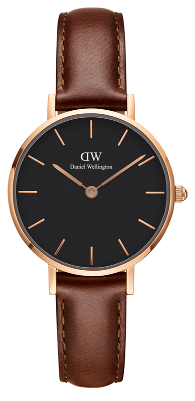 Daniel Wellington Classic Petite St Mawes Black Dial Brown Leather Strap Watch For Women - DW00100225