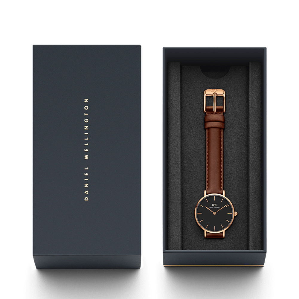 Daniel Wellington Classic Petite St Mawes Black Dial Brown Leather Strap Watch For Women - DW00100225