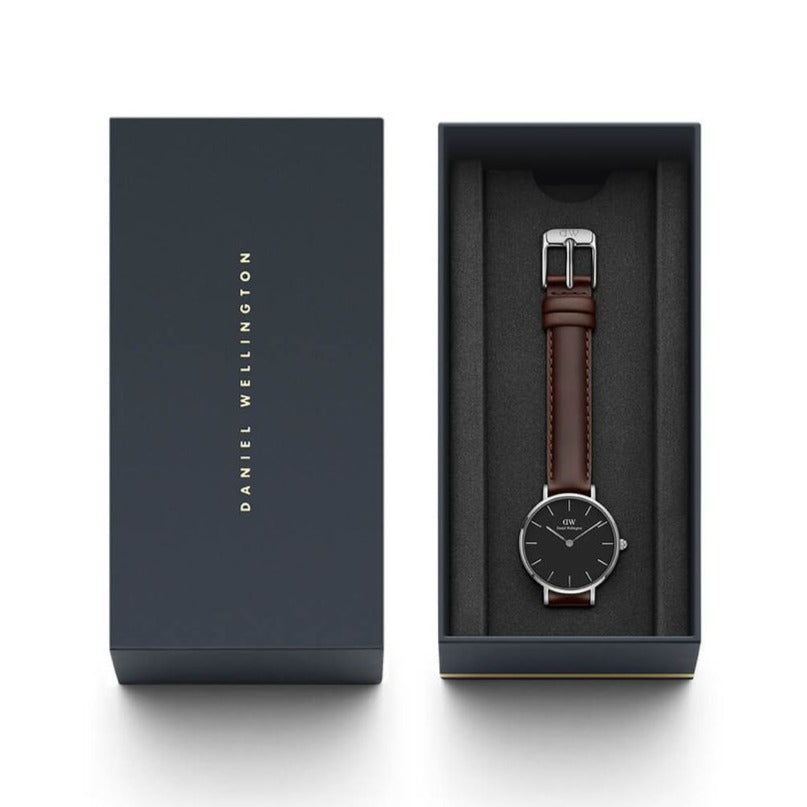 Daniel Wellington Classic Petite Bristol Black Dial Brown Leather Strap Watch For Women - DW00100233