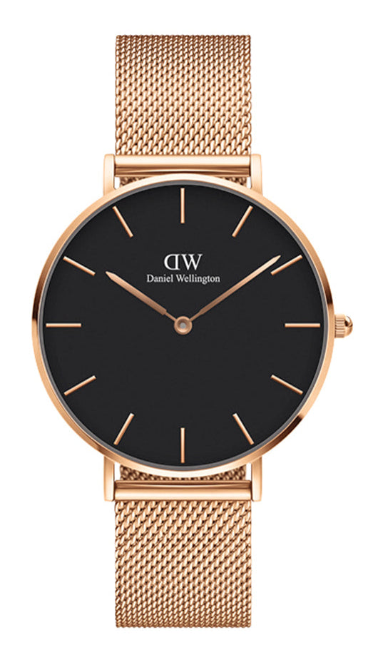 Daniel Wellington Petite Melrose Black Dial Rose Gold Mesh Strap Watch For Women - DW00100303