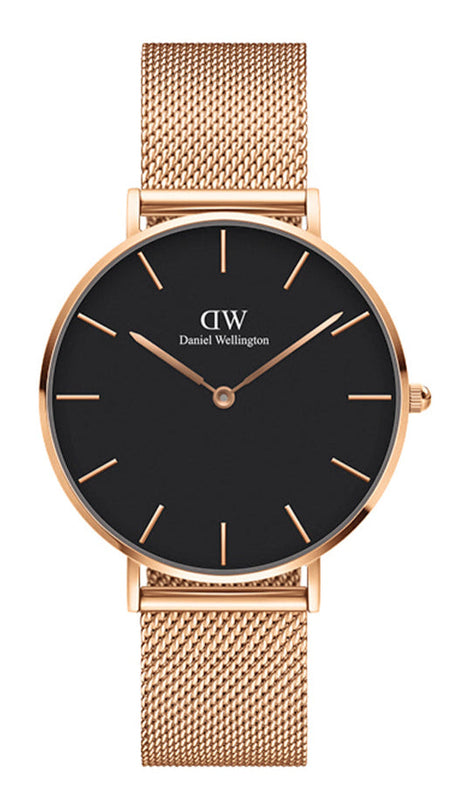 Daniel Wellington Petite Melrose Black Dial Rose Gold Mesh Strap Watch For Women - DW00100303