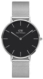 Daniel Wellington Petite Sterling Black Dial Silver Mesh Bracelet Watch For Women - DW00100304