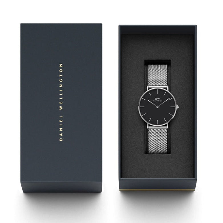 Daniel Wellington Petite Sterling Black Dial Silver Mesh Bracelet Watch For Women - DW00100304