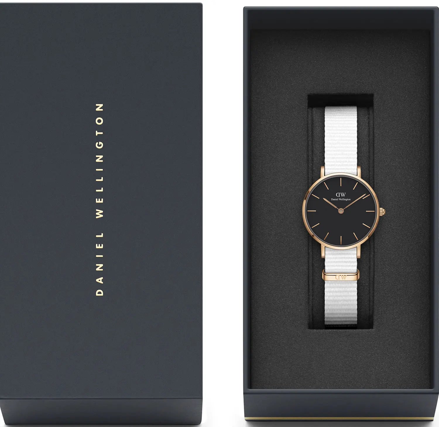 Daniel Wellington Classic Petite Dover Black Dial White NATO Strap Watch For Women - DW00100314