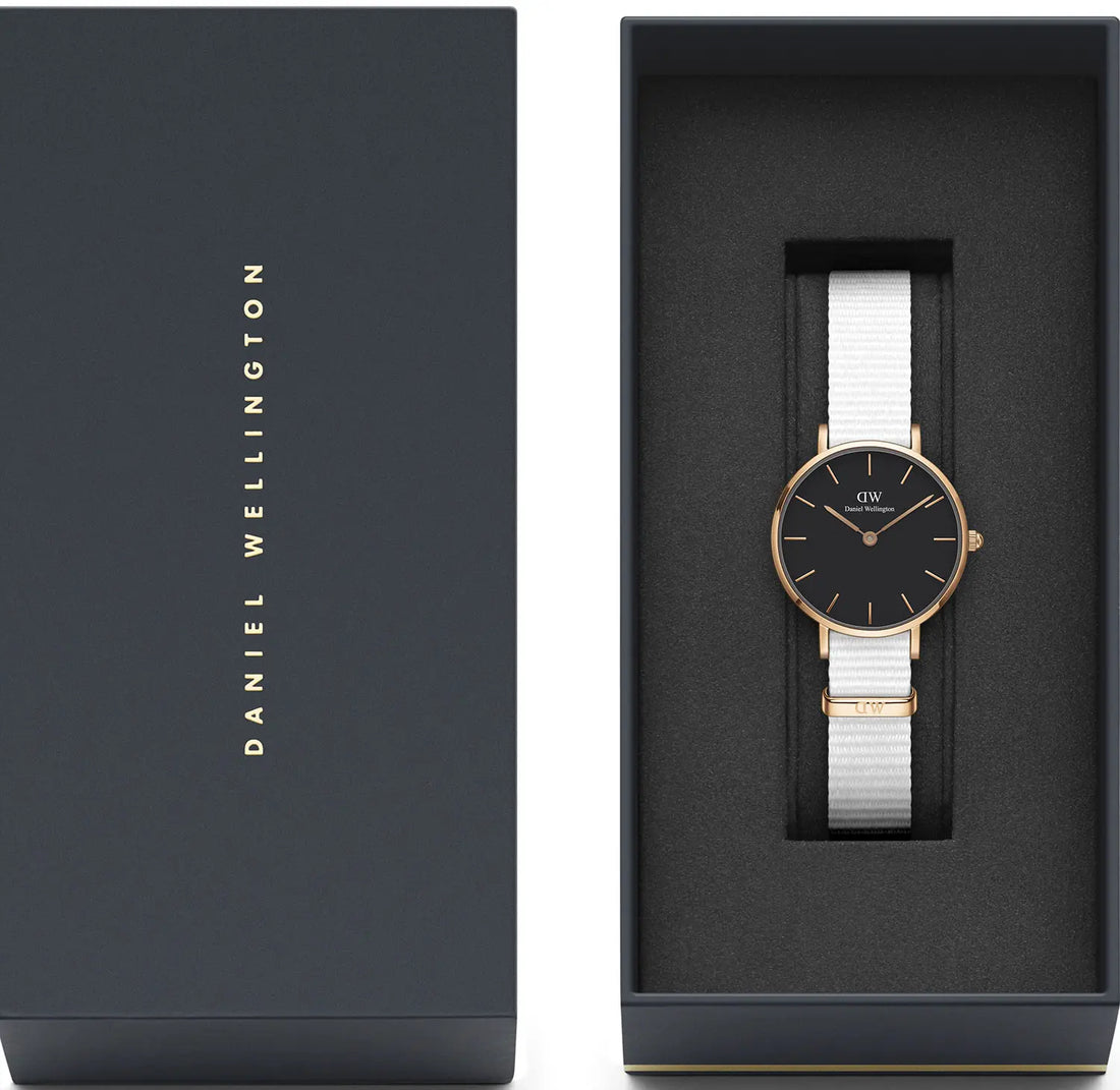 Daniel Wellington Classic Petite Dover Black Dial White NATO Strap Watch For Women - DW00100314