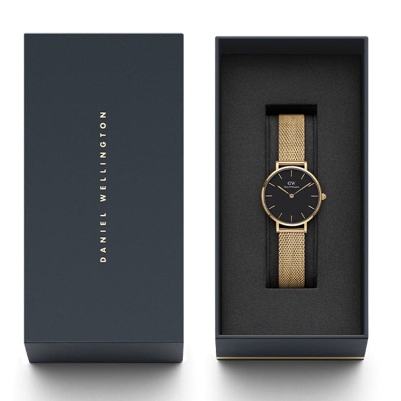 Daniel Wellington Classic Petite Evergold Black Dial Gold Mesh Bracelet Watch For Women - DW00100349