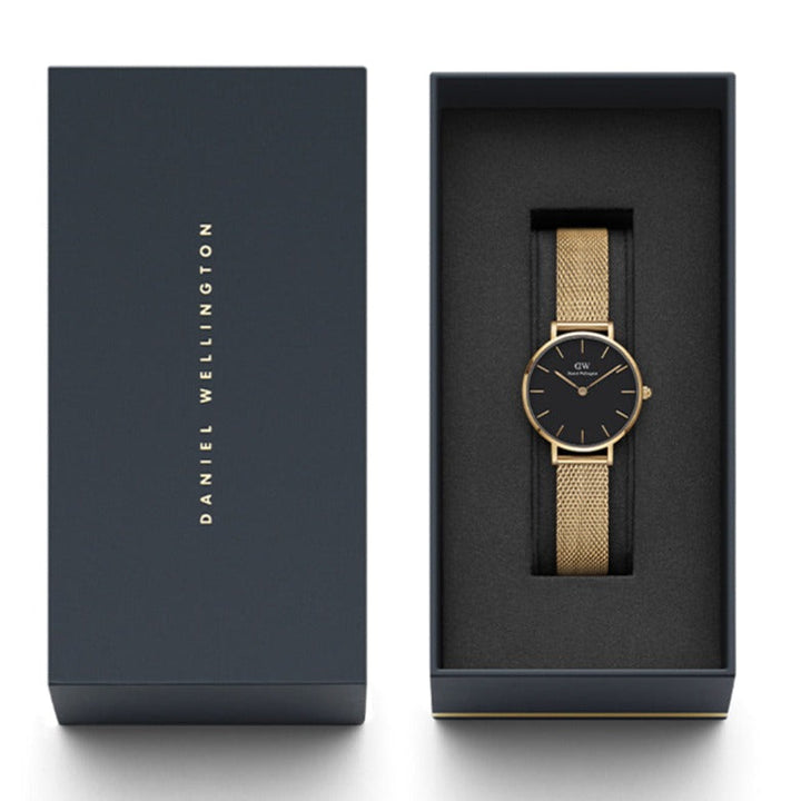 Daniel Wellington Classic Petite Evergold Black Dial Gold Mesh Bracelet Watch For Women - DW00100349