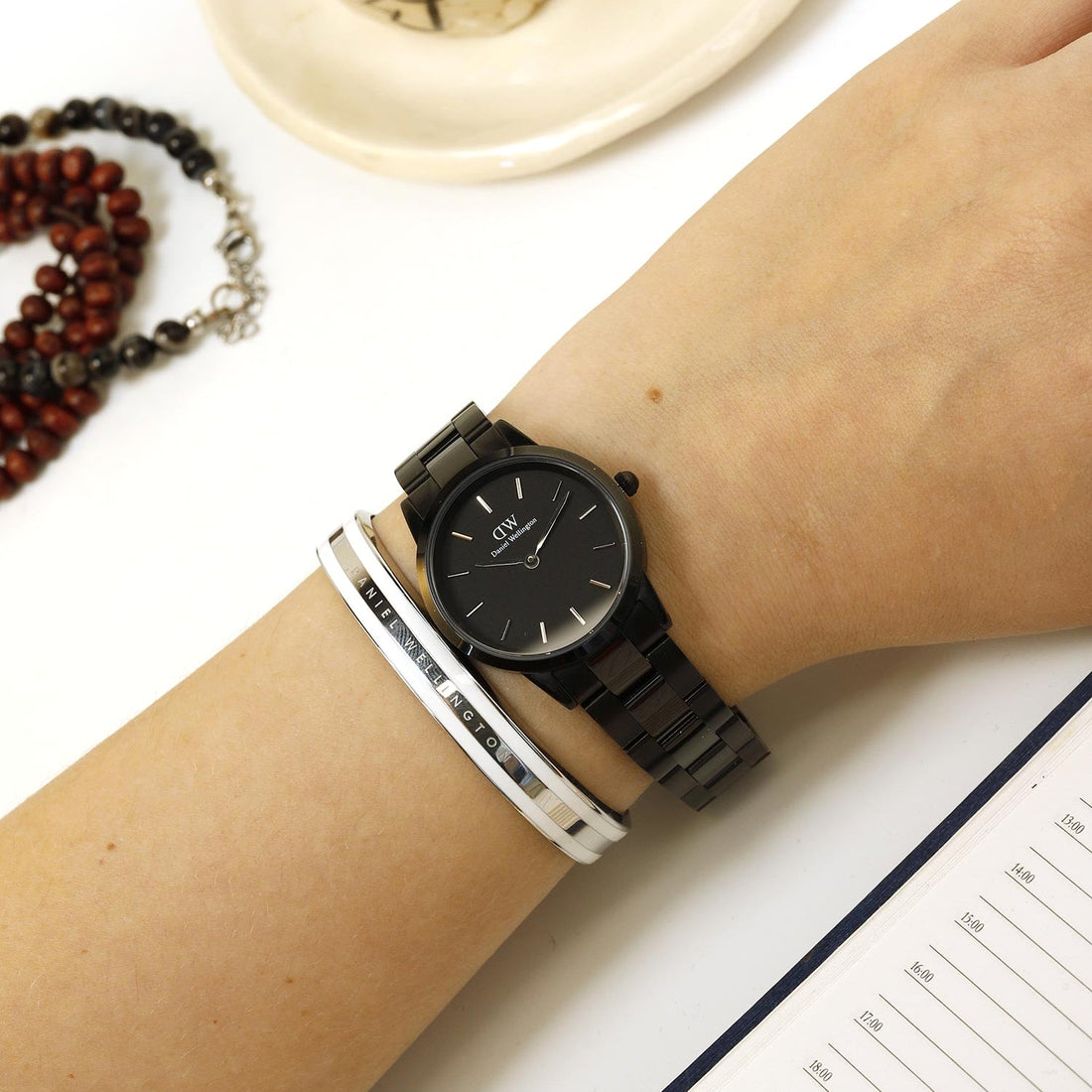 Daniel Wellington Iconic Link Ceramic Black Dial Black Steel Strap Watch For Women - DW00100414