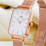 Daniel Wellington Quadro Melrose White Dial Gold Mesh Strap Watch For Women - DW00100431