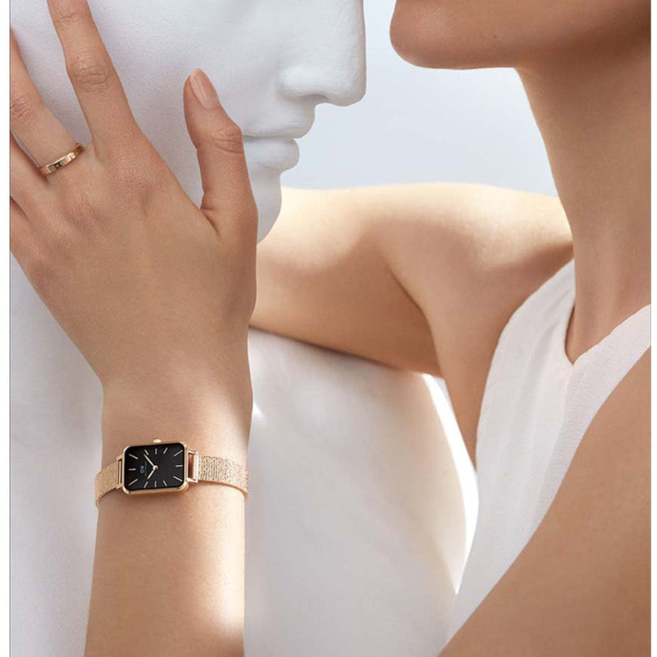 Daniel Wellington Quadro Melrose Black Dial Rose Gold Mesh Bracelet Watch For Women - DW00100432
