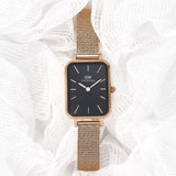 Daniel Wellington Quadro Melrose Black Dial Rose Gold Mesh Bracelet Watch For Women - DW00100432