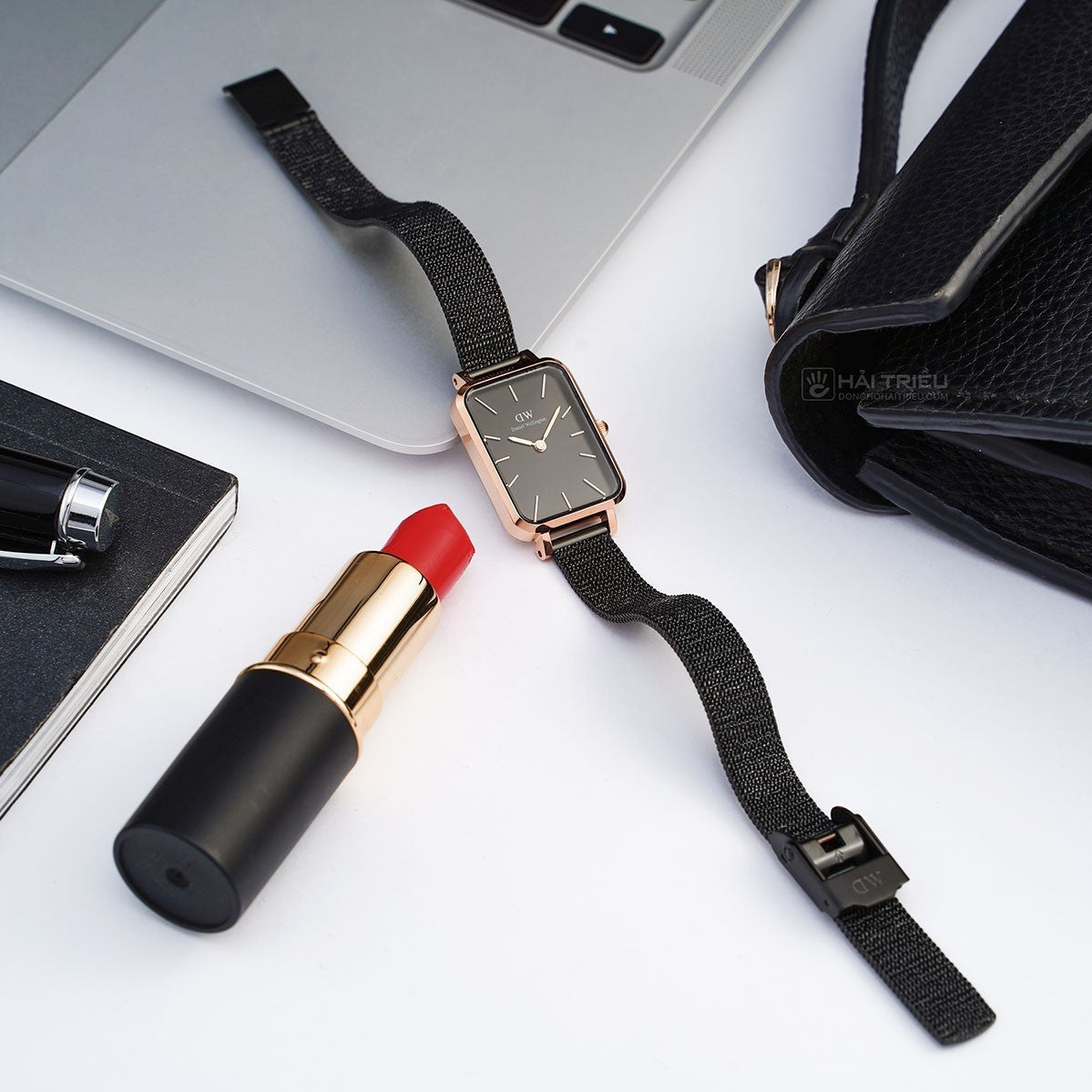 Daniel Wellington Quadro Ashfield Black Dial Black Mesh Strap Watch For Women - DW00100433