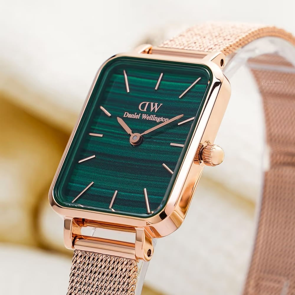 Daniel Wellington Quadro Melrose Green Dial Rose Gold Mesh Strap Watch For Women - DW00100437