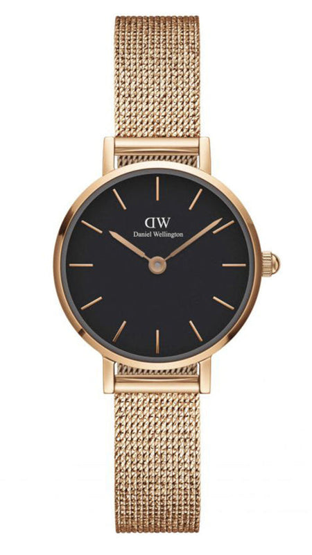 Daniel Wellington Petite Pressed Melrose Black Dial Rose Gold Mesh Strap Watch For Women - DW00100440
