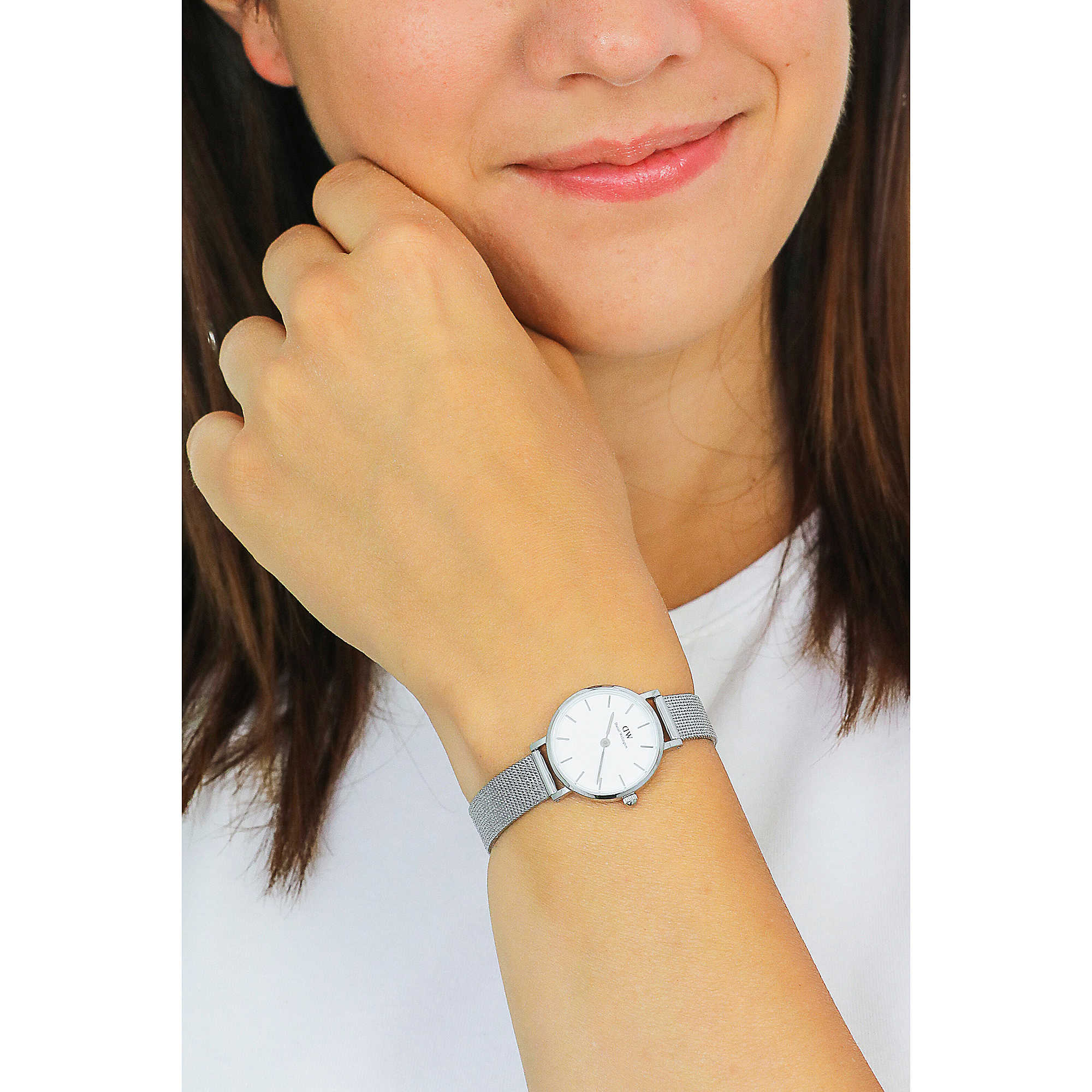 Daniel Wellington Classic Petite Sterling White Dial Silver Mesh Bracelet Watch for Women - DW00100442