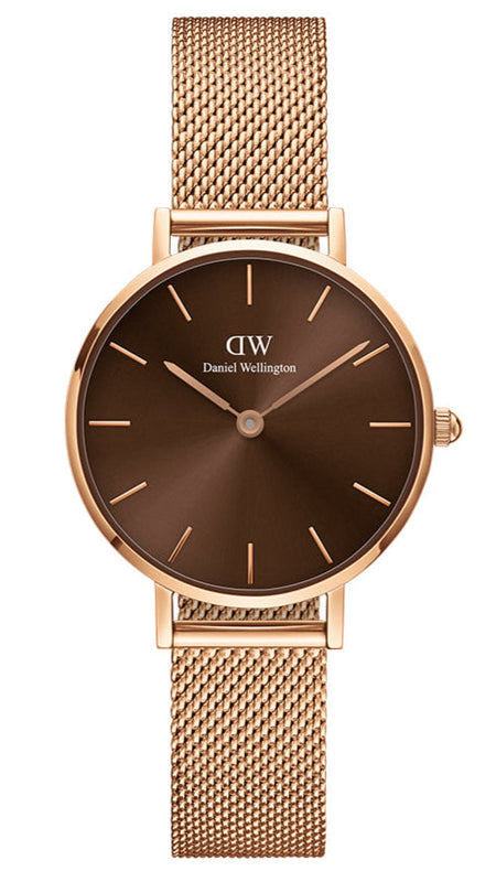 Daniel Wellington Petite Amber Brown Dial Gold Mesh Strap Watch For Women - DW00100476