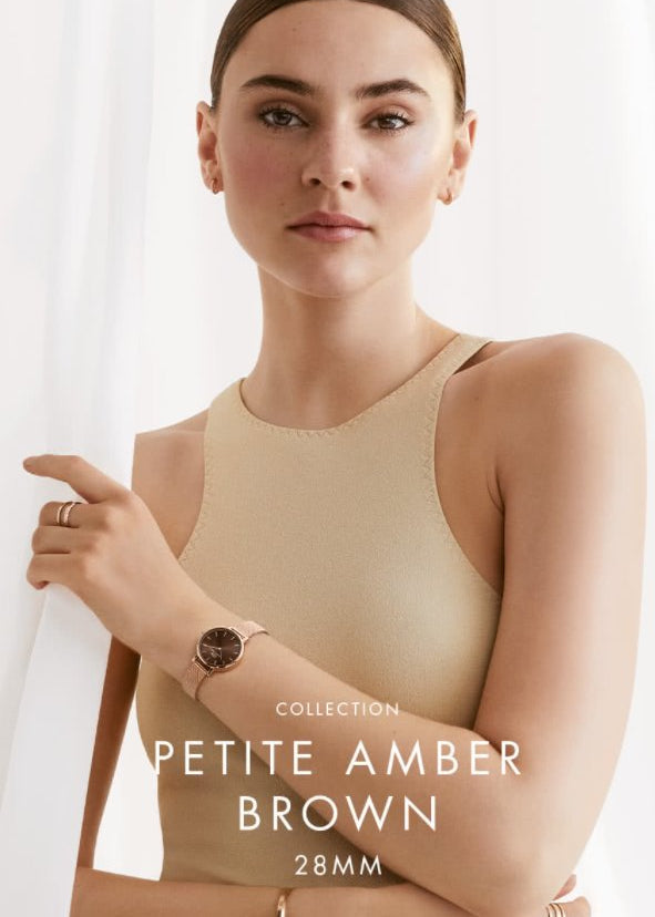 Daniel Wellington Petite Amber Brown Dial Gold Mesh Strap Watch For Women - DW00100476