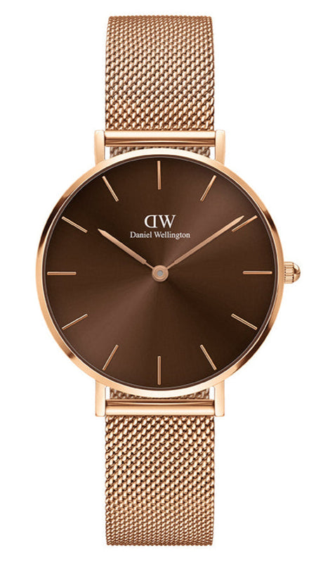 Daniel Wellington Petite Melrose Brown Dial Rose Gold Mesh Strap Watch For Women - DW00100477