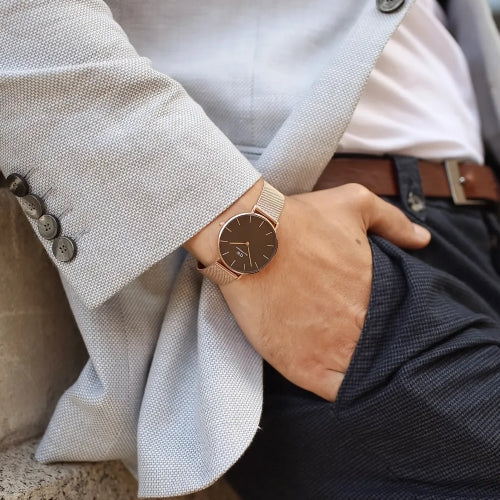 Daniel Wellington Petite Amber Brown Dial Rose Gold Mesh Strap Watch for Women - DW00100478