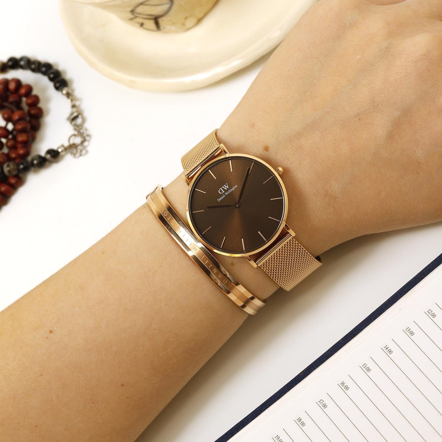 Daniel Wellington Petite Amber Brown Dial Rose Gold Mesh Strap Watch for Women - DW00100478