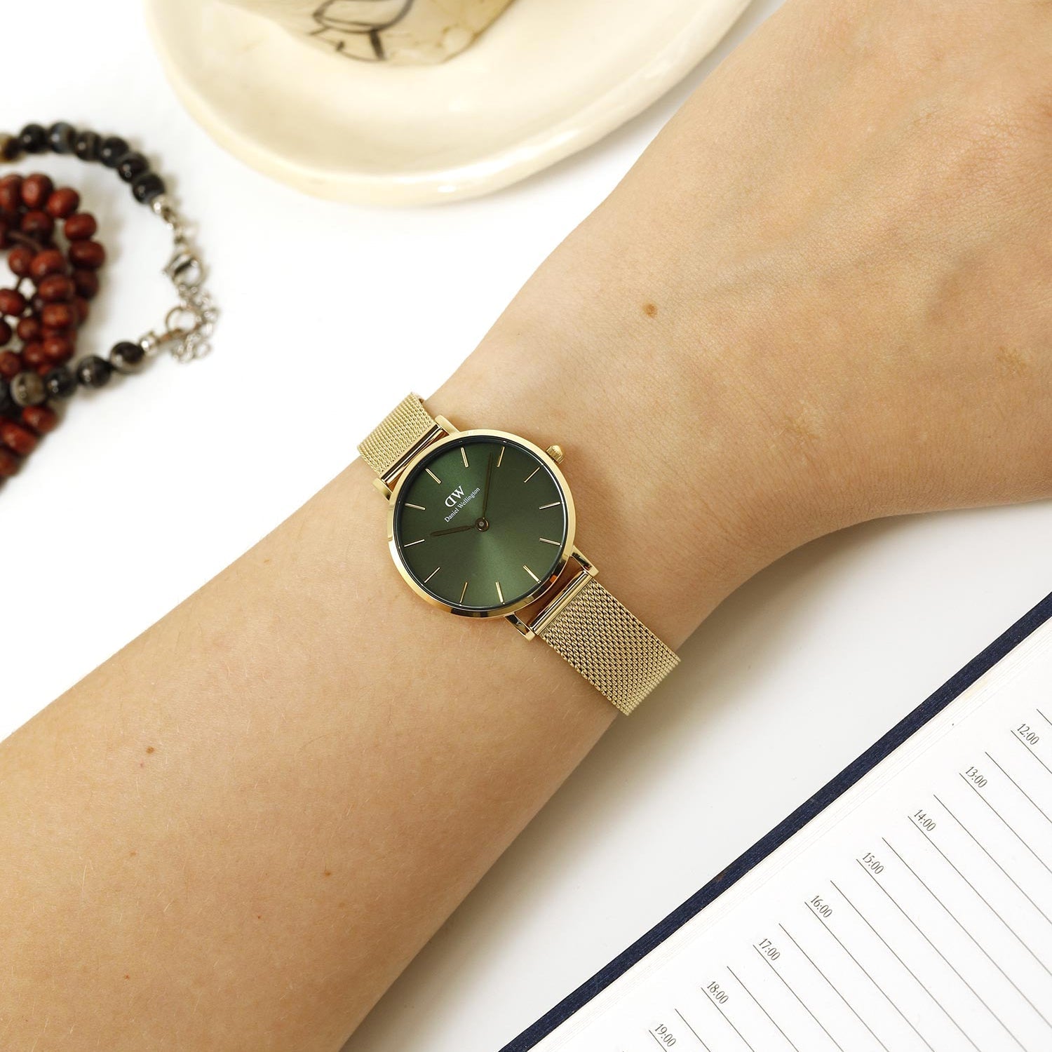 Daniel Wellington Petite Emerald Green Dial Gold Mesh Strap Watch For Women - DW00100479