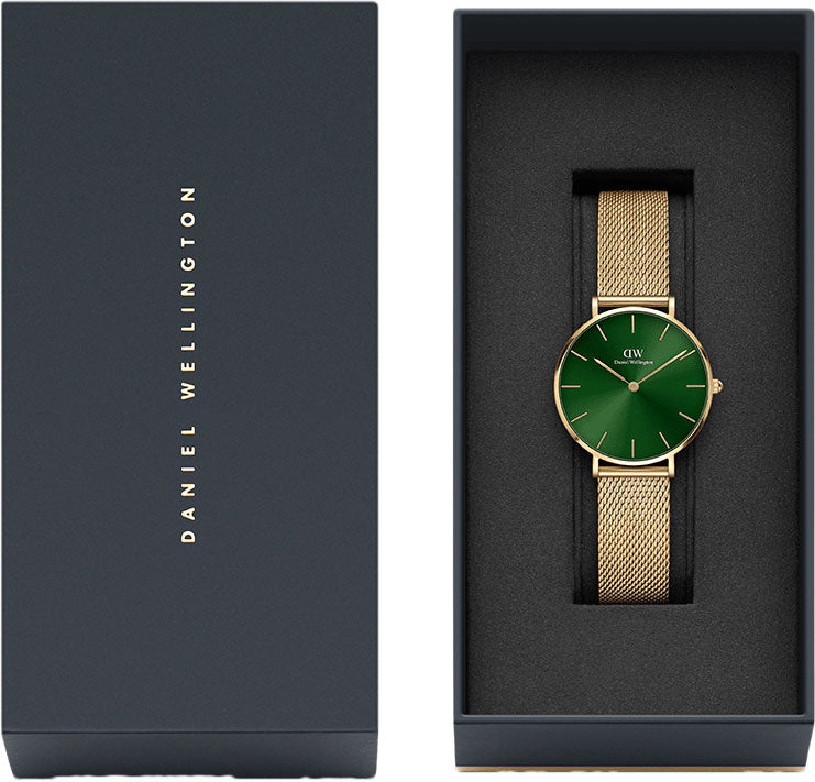 Daniel Wellington Petite Emerald Green Dial Gold Mesh Strap Watch For Women - DW00100480