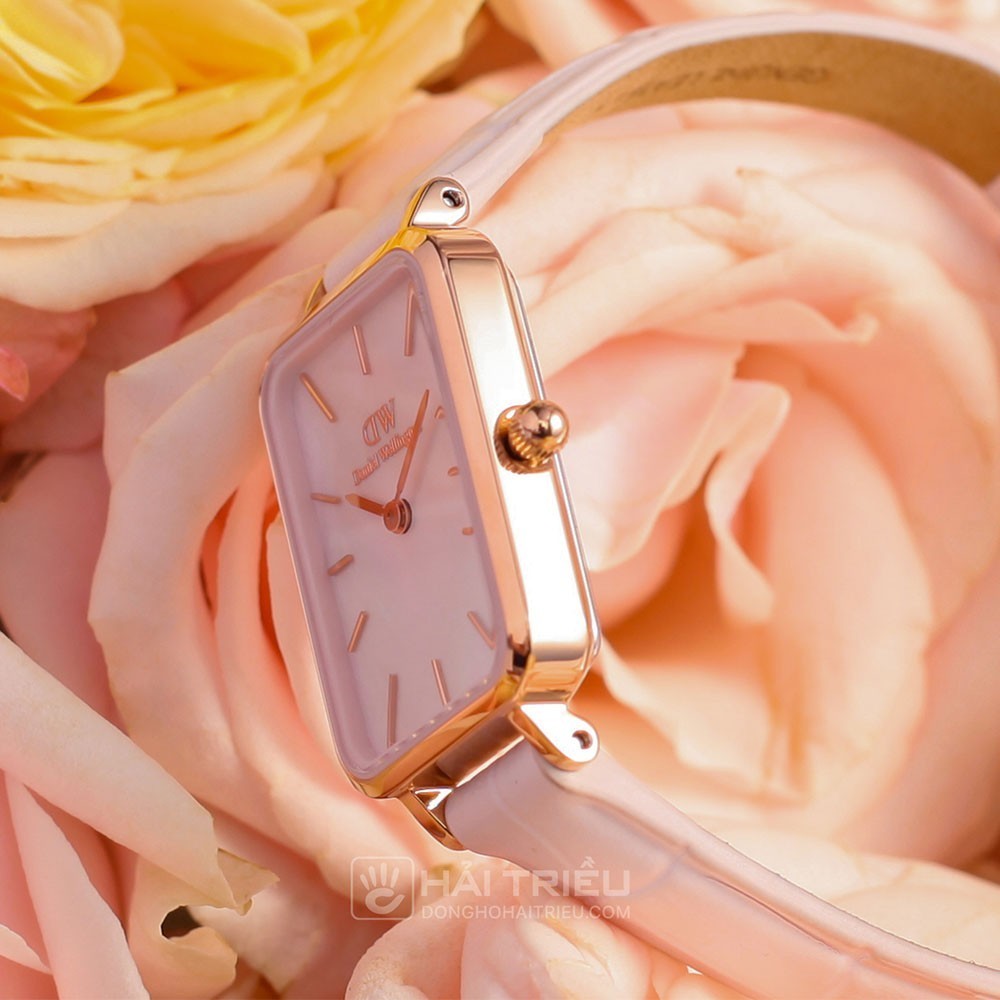 Daniel Wellington Quadro Pressed Mother of Pearl Pink Dial Pink Leather Strap Watch For Women - DW00100508