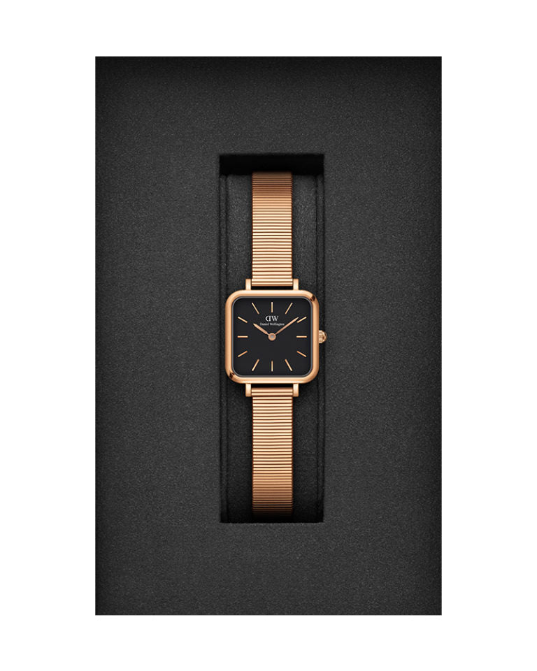 Daniel Wellington Quadro Studio Black Dial Rose Gold Mesh Strap Watch For Women - DW00100518