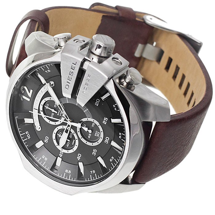 Diesel Mega Chief Chronograph Black Dial Brown Leather Strap Watch For Men - DZ4290