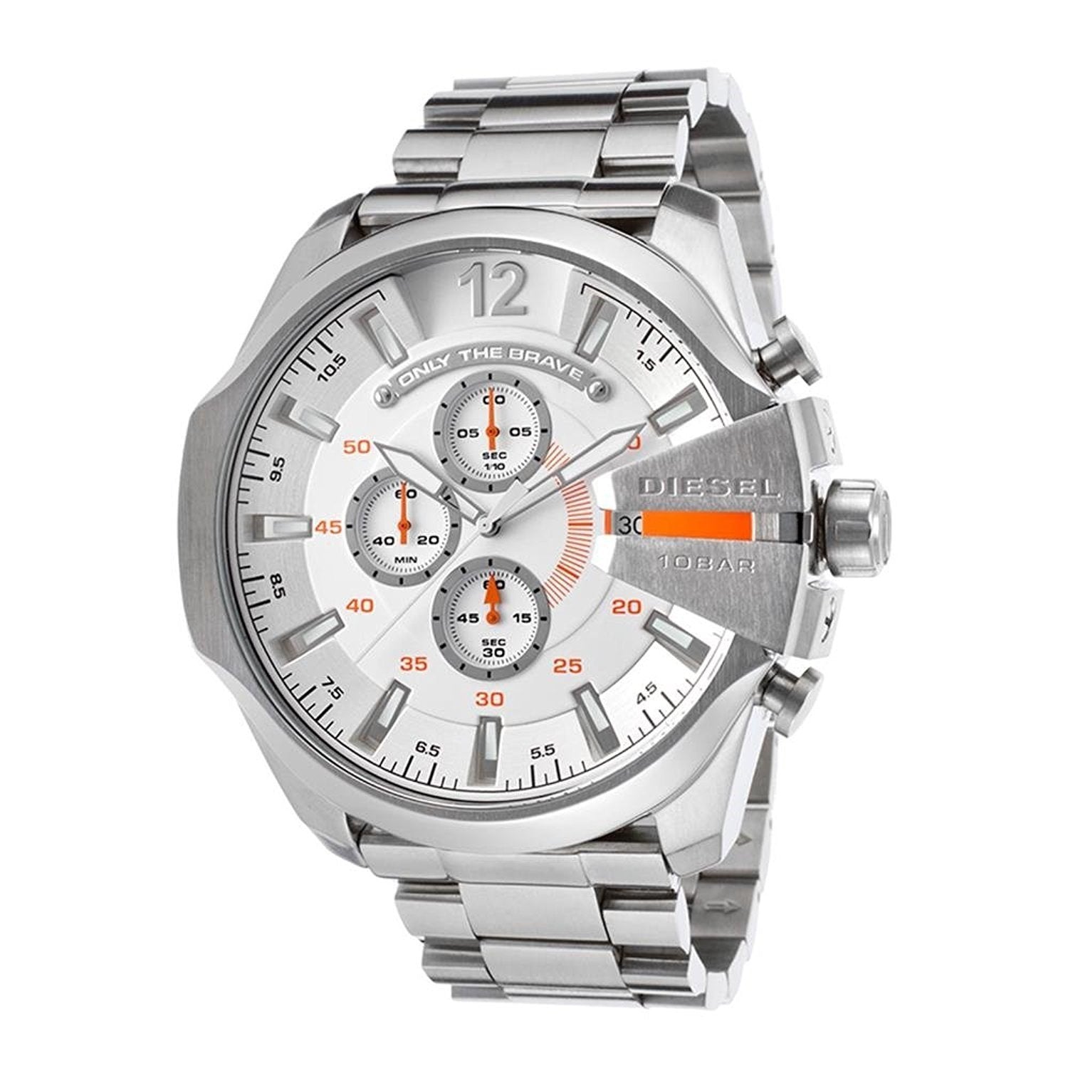 Diesel Mega Chief Chronograph White Dial Silver Steel Strap Watch For Men - DZ4328