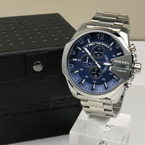 Diesel Mega Chief Chronograph Blue Dial Silver Steel Strap Watch For Men - DZ4417