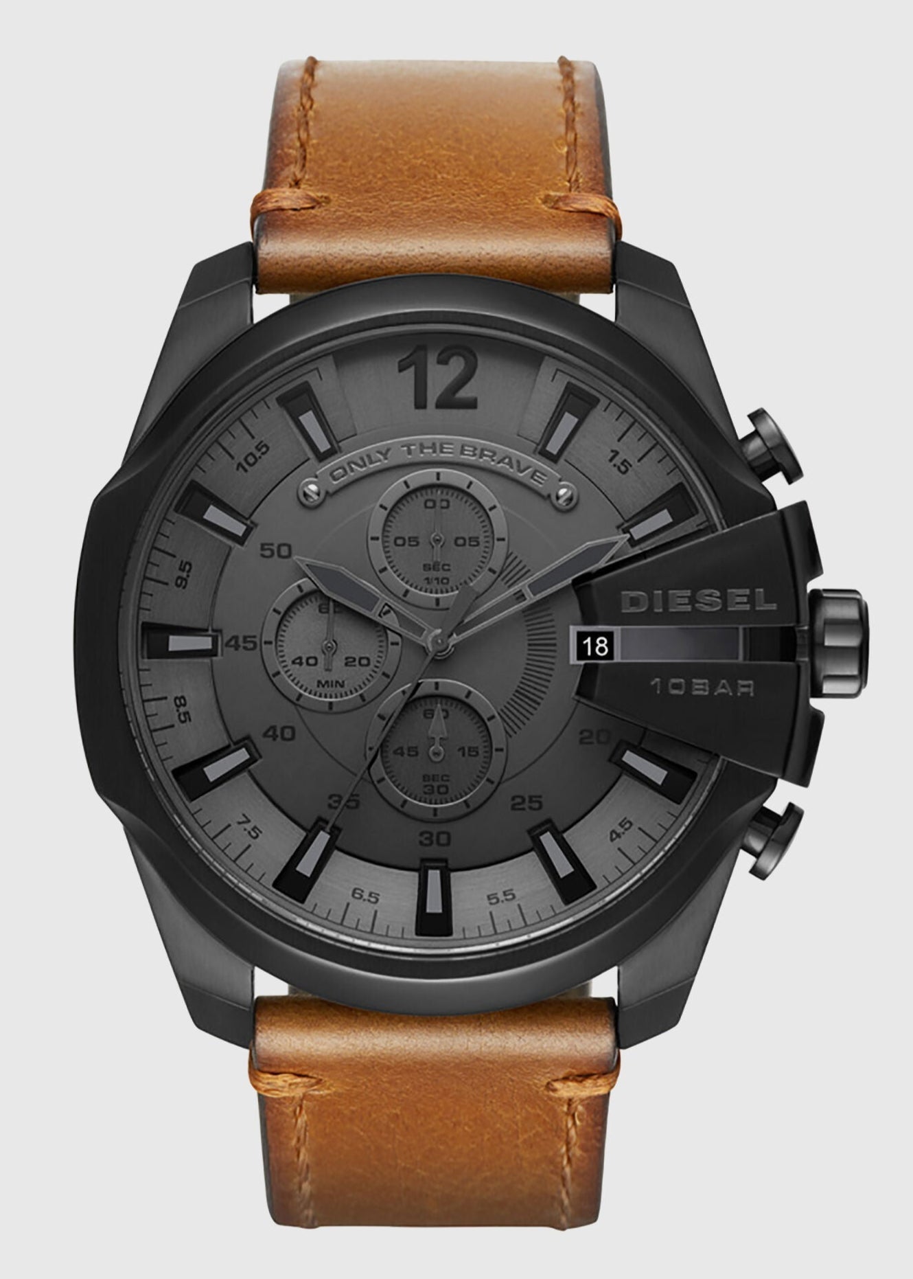 Diesel Mega Chief Chronograph Grey Dial Brown Leather Strap Watch For Men - DZ4463