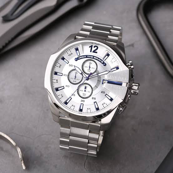 Diesel Mega Chief Chronograph White Dial Silver Steel Strap Watch For Men - DZ4477