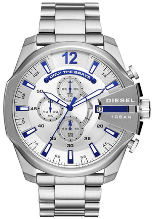 Diesel Mega Chief Chronograph White Dial Silver Steel Strap Watch For Men - DZ4477