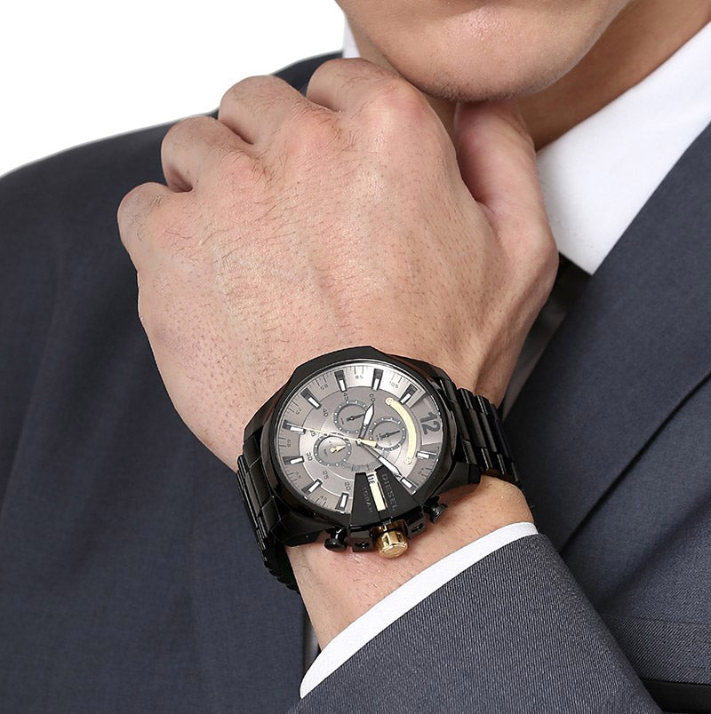 Diesel Mega Chief Chronograph Grey Dial Black Steel Strap Watch For Men - DZ4479