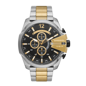 Diesel Mega Chief Chronograph Black Dial Two Tone Steel Strap Watch For Men - DZ4581
