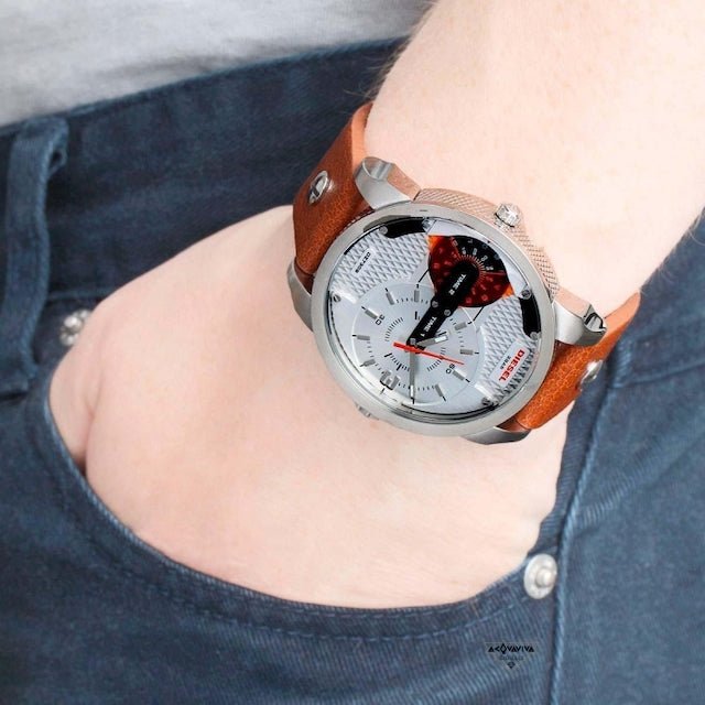 Diesel Mini Daddy Silver Dial Brown Leather Strap Watch For Men - DZ7309
