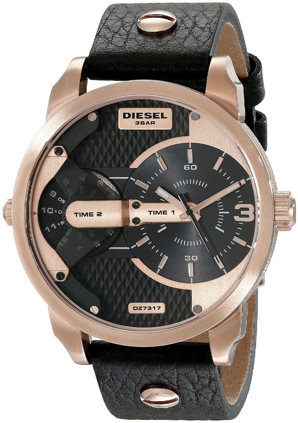 Diesel Mini Daddy Dual Time Black & Gold Dial Black Leather Strap Watch For Men - DZ7317