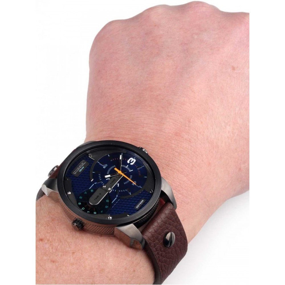 Diesel Mini Daddy Analog Blue Dial Brown Leather Strap Watch For Men - DZ7339