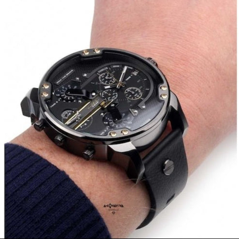 Diesel Mr Daddy 2.0 Chronograph Black Dial Black Leather Strap Watch For Men - DZ7348