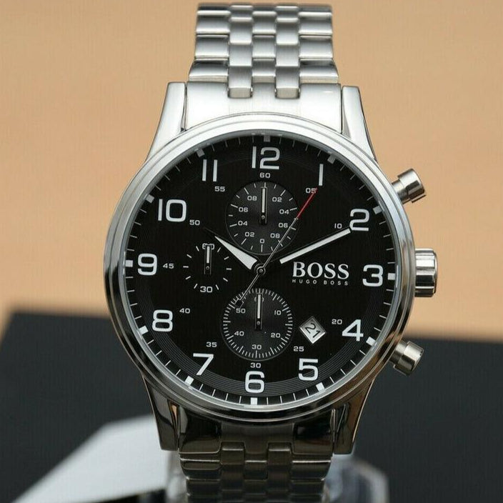 Hugo Boss Aeroliner Chronograph Black Dial Silver Steel Strap Watch For Men - 1512446