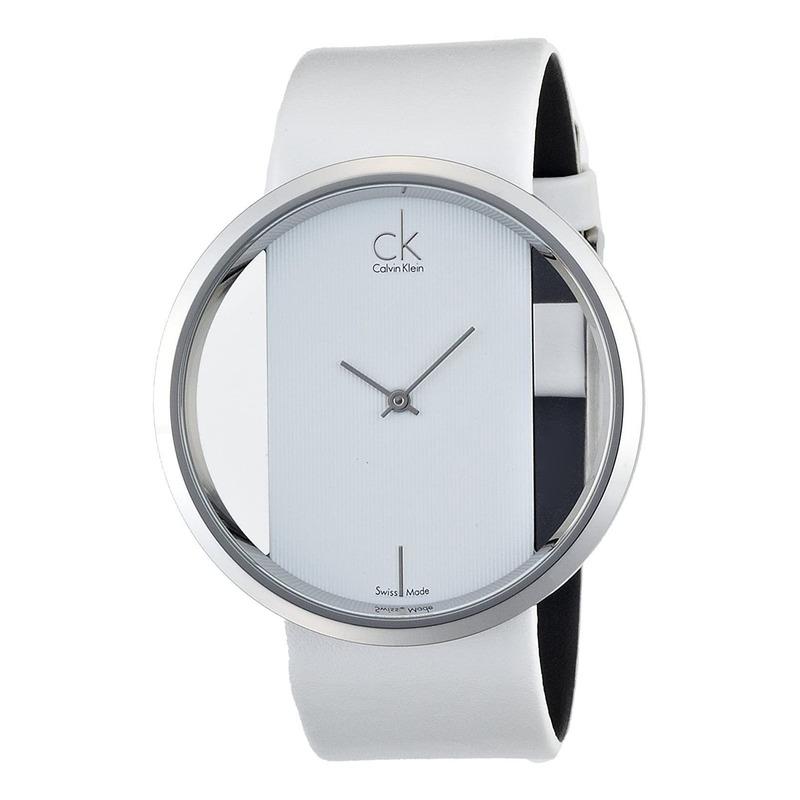 Calvin Klein Glam Transparent Dial White Leather Strap Watch for Women - K9423101