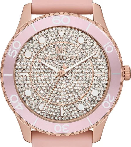 Michael Kors Runway Three Hand Crystal Pave Dial Pink Rubber Strap Watch For Women - MK6854