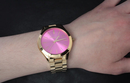 Michael Kors Slim Runway Pink Dial Rose Gold Steel Strap Watch for Women - MK3264