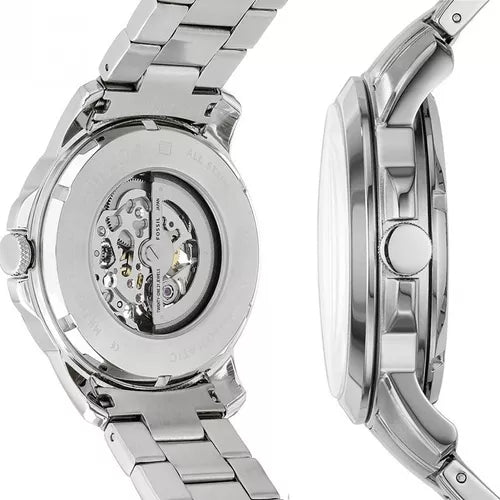 Fossil Grant Automatic Skeleton Black Dial Silver Steel Strap Watch for Men - ME3103