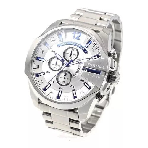 Diesel Mega Chief Chronograph White Dial Silver Steel Strap Watch For Men - DZ4477